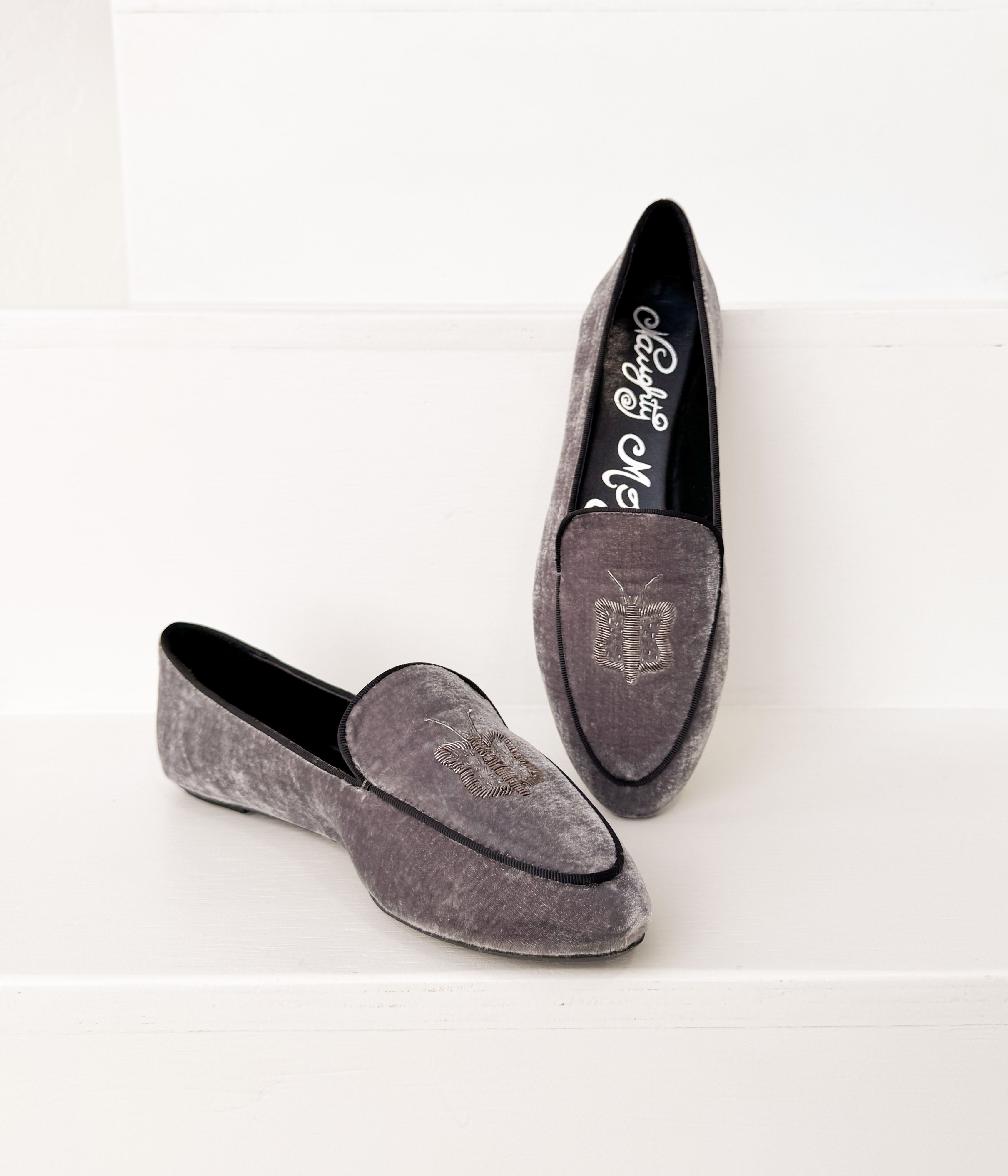 Butterfly Velvet Flats In Grey With Delicate Accent Naughty Monkey